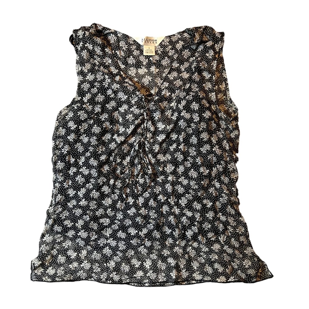 ALLISON‎ TAYLOR SILK Black White Floral Sleeveless Tie Front Silk Blouse Top S